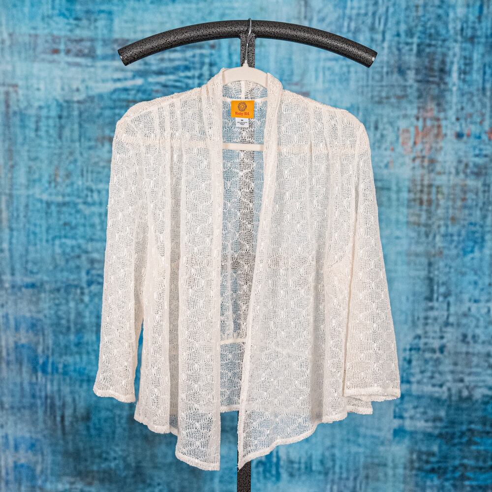 Ruby Rd Open Knit Cardigan Cream w/ Sequins Women's MEDIUM Beachy Casual Coastal